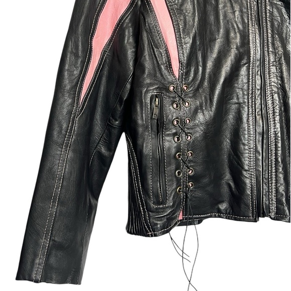 Zony Inc Leather Motorcycle Jacket Black With Pink Racing Stripes Medium - Picture 4 of 16